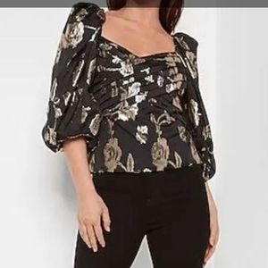 🆕 express Black gold metallic printed faux wrap front Blouse.